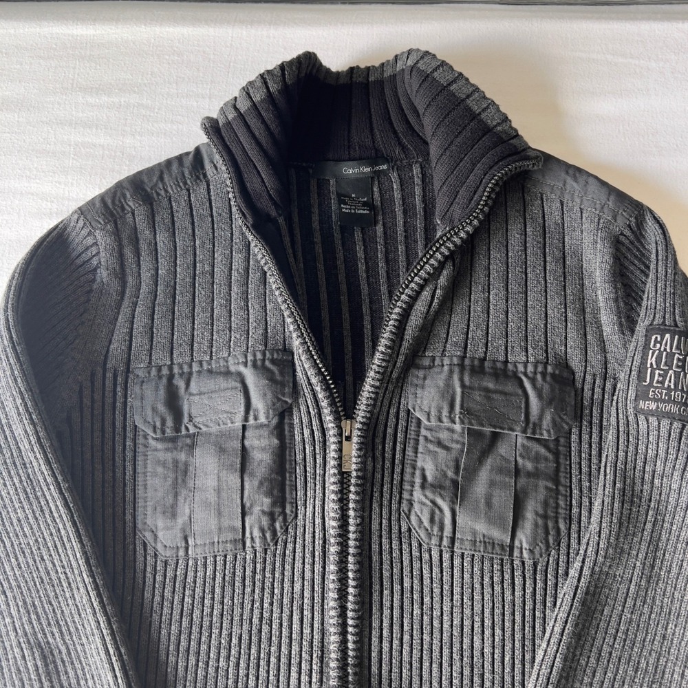 Calvin Klein Jeans Mens Gray Full Zip Ribbed Knit Utility Cardigan Sweater M